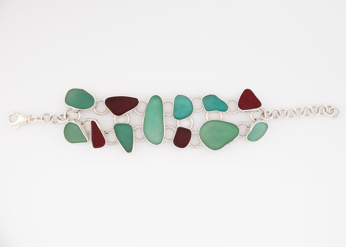 teal and red sea glass bracelet