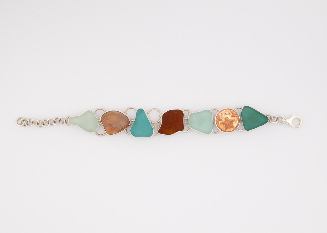turquoise, brown, and sea foam sea glass shell bracelet