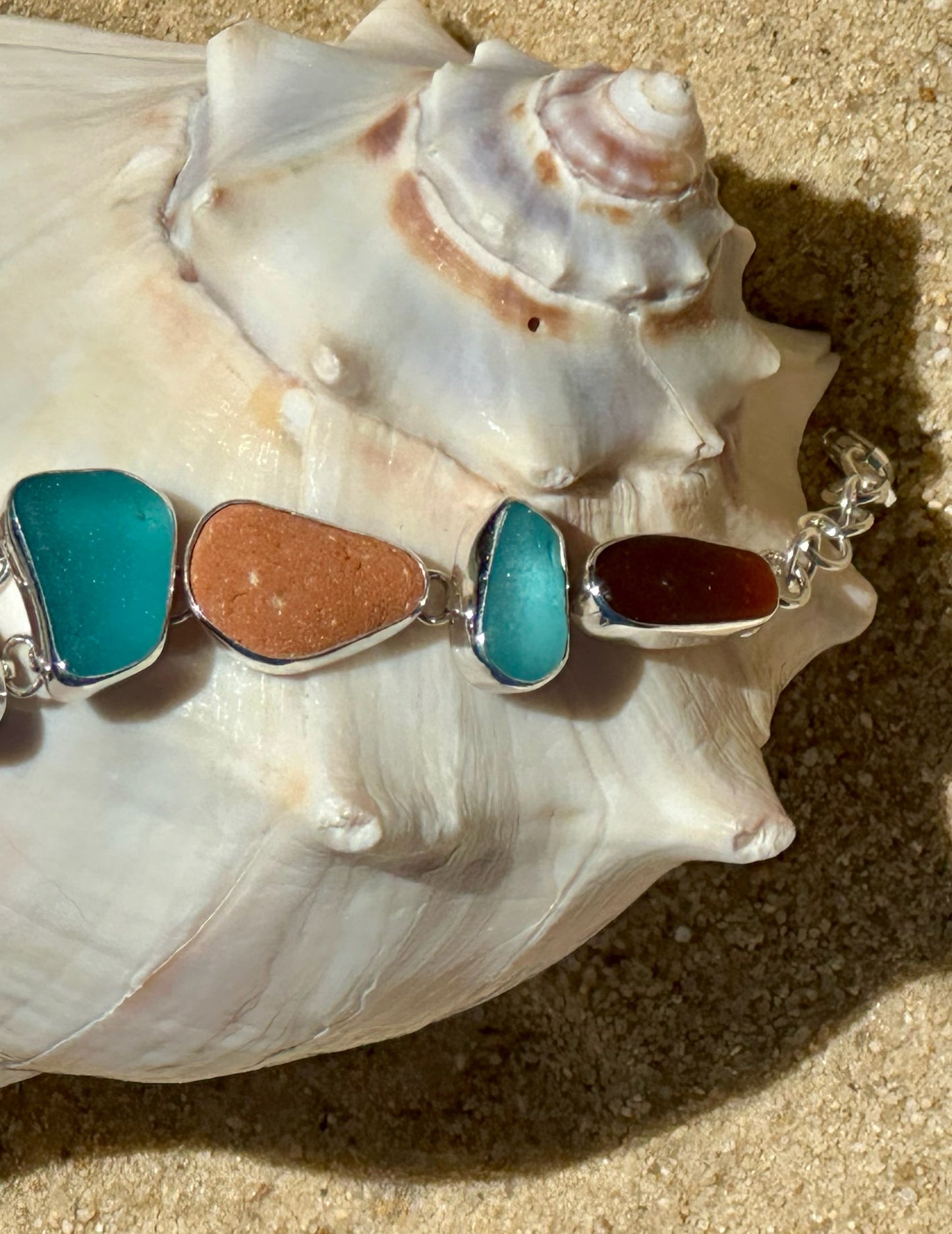 teal, brown, and sea brick sea glass bracelet
