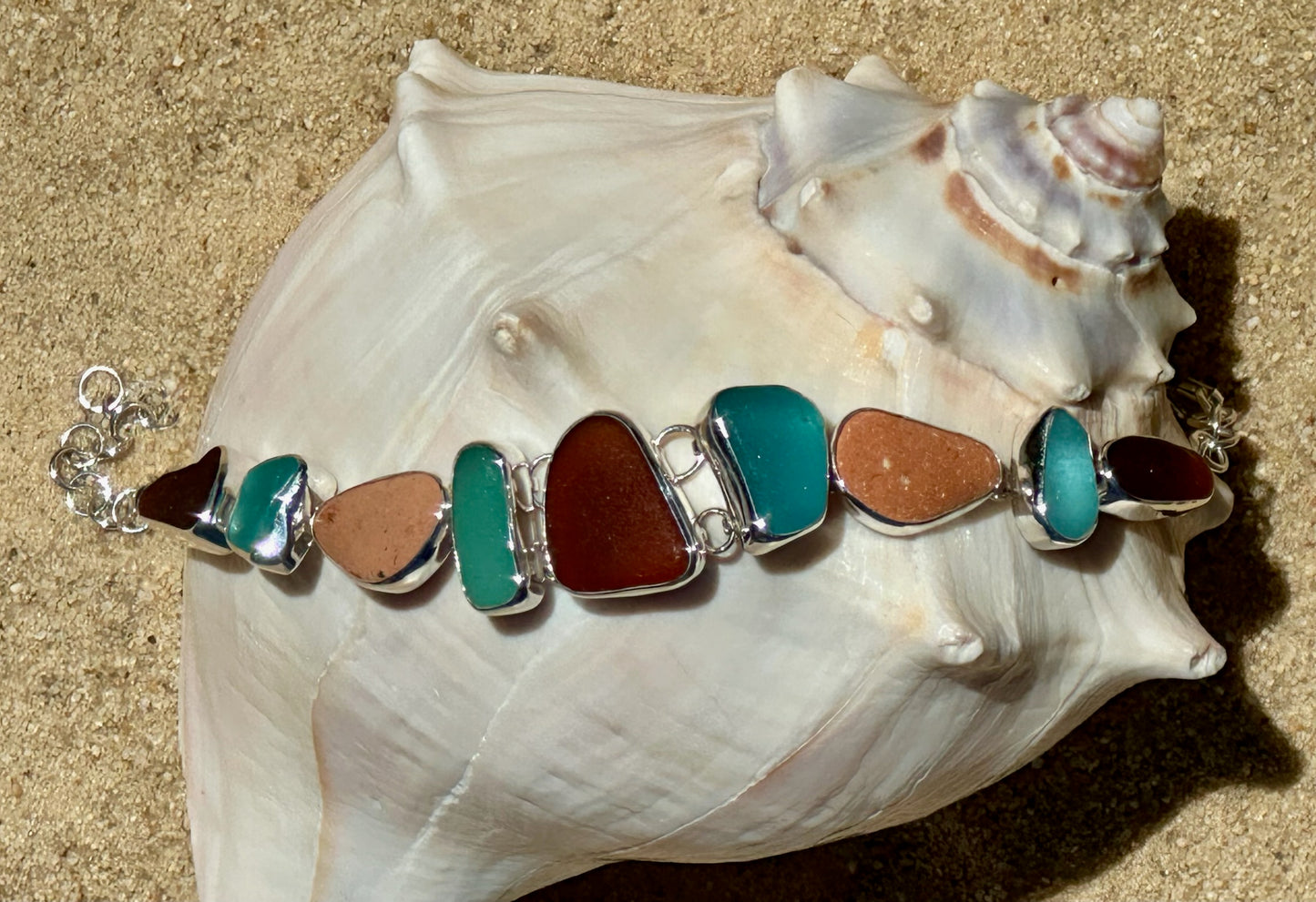 teal, brown, and sea brick sea glass bracelet