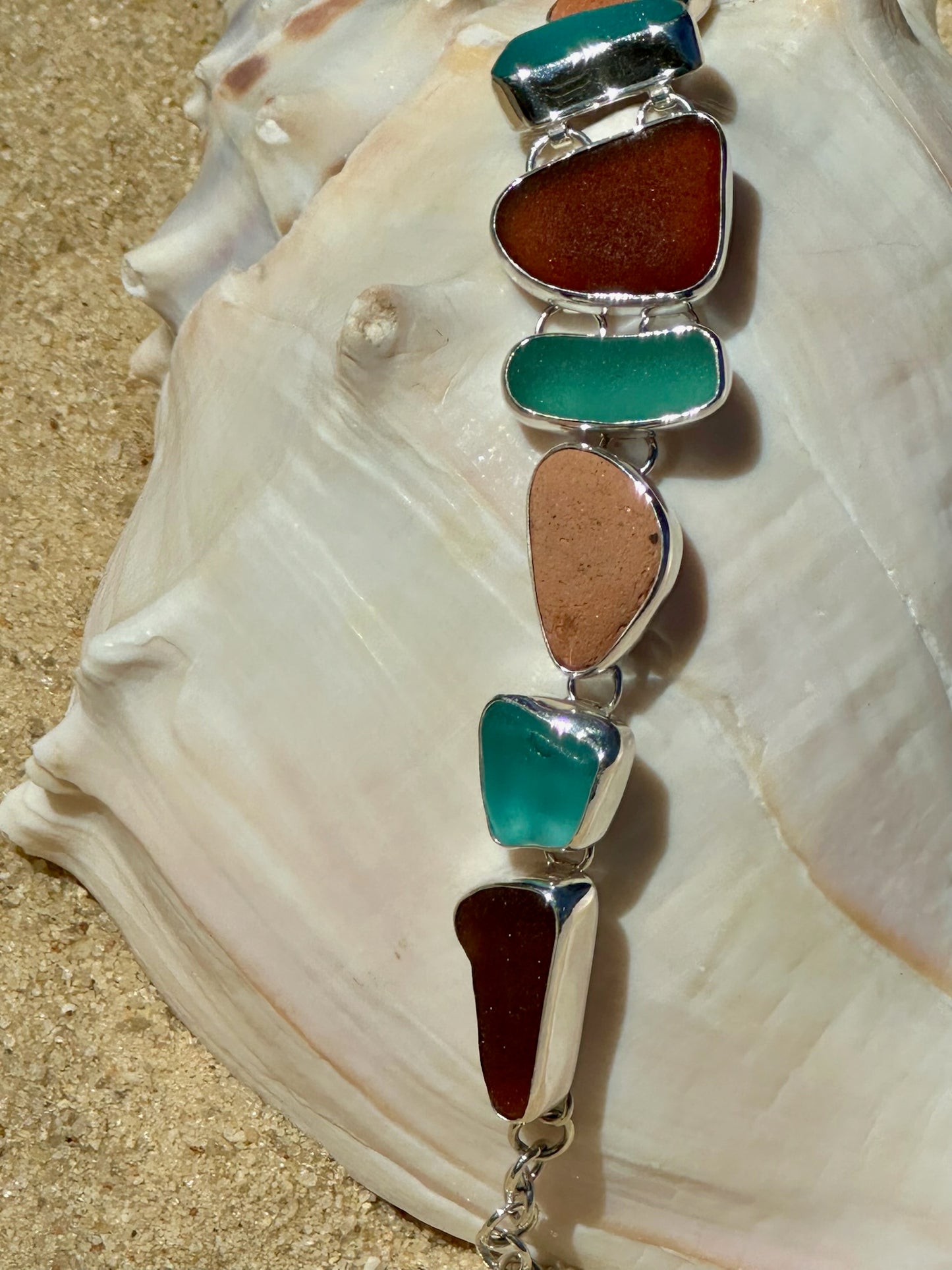 teal, brown, and sea brick sea glass bracelet