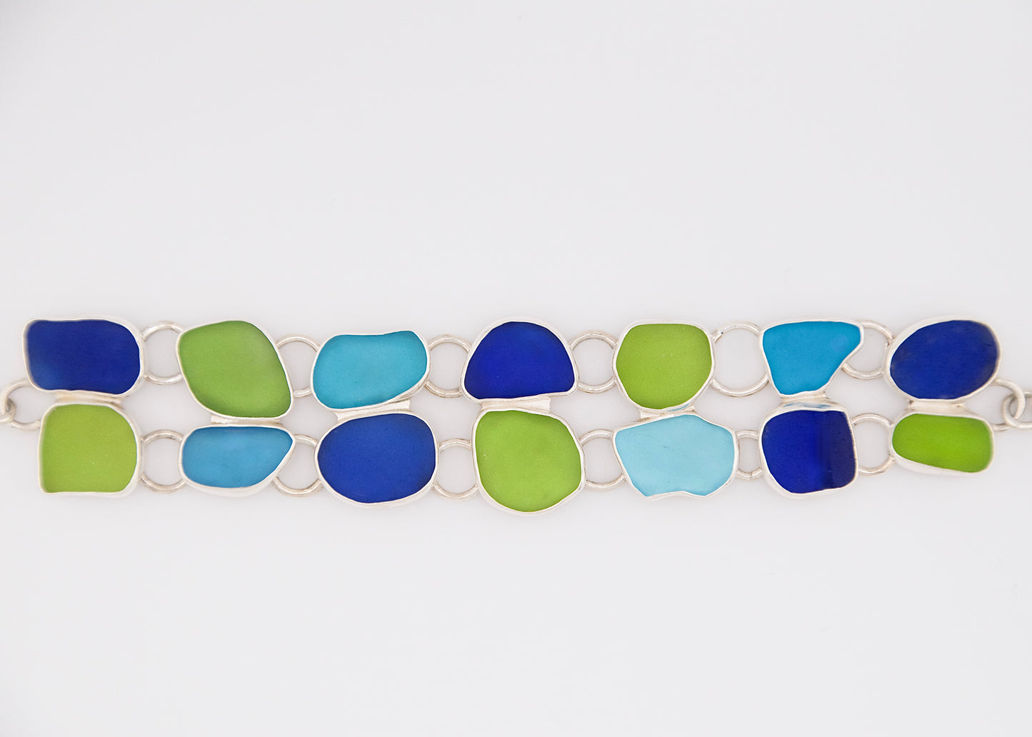 lime, cobalt, turquoise, and aqua double sea glass bracelet