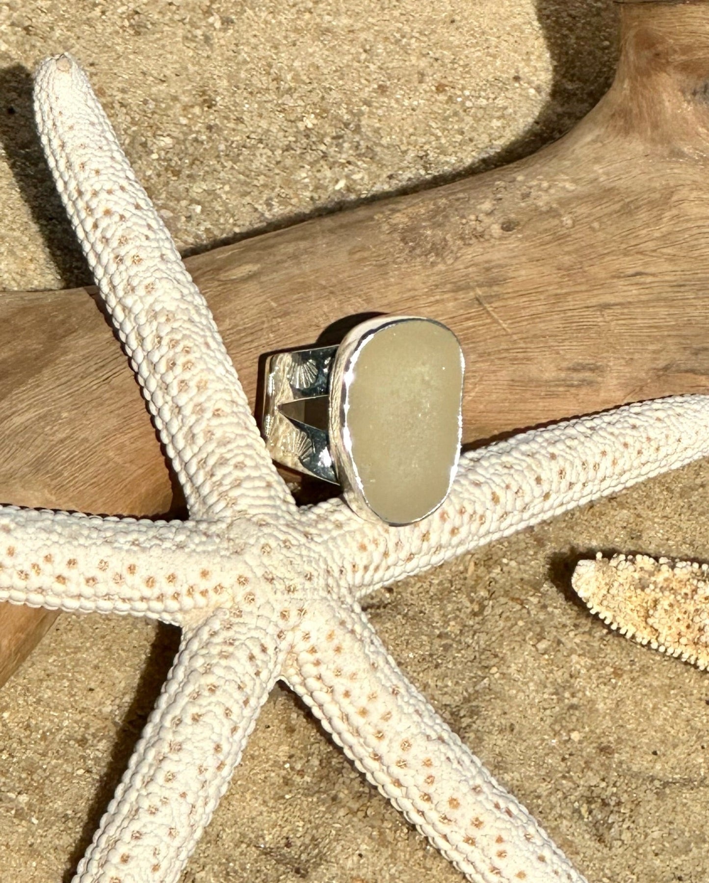 off-white sea glass ring