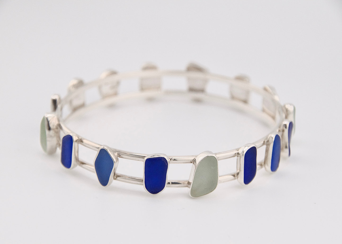 cobalt and cornflower blue, sea foam sea glass double bangle bracelet