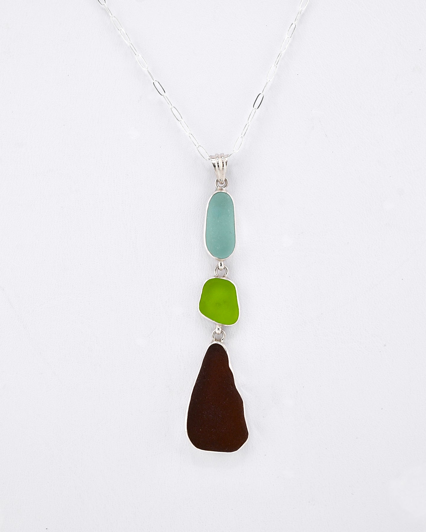 light aqua, lime, and brown sea glass pendant