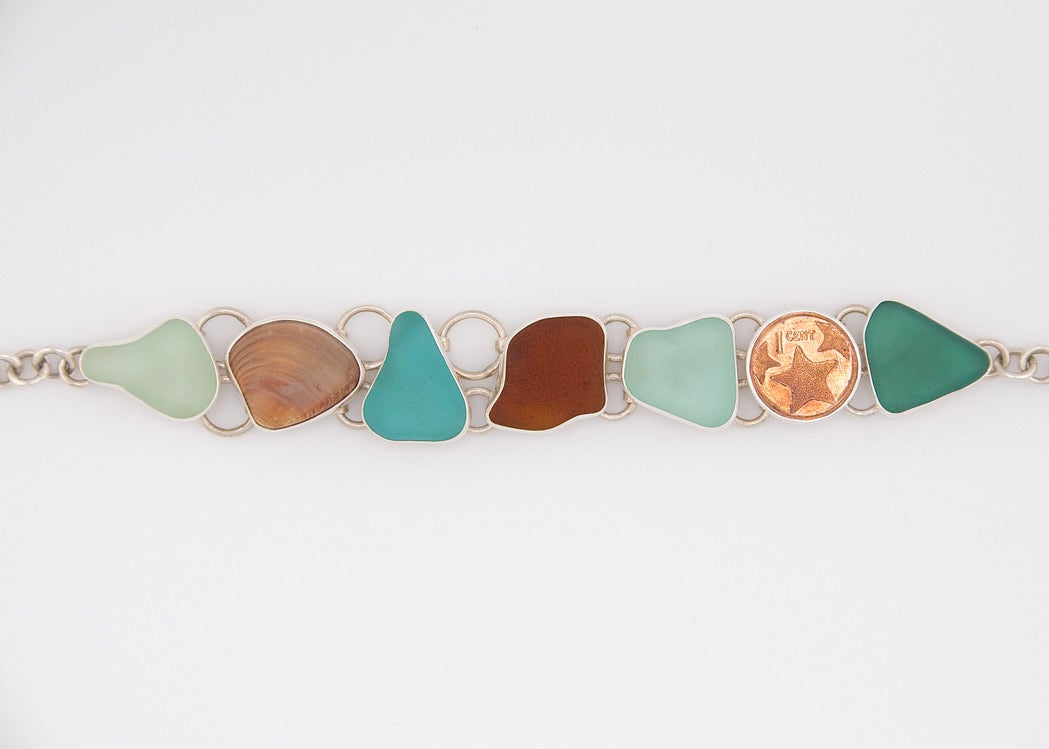 turquoise, brown, and sea foam sea glass shell bracelet