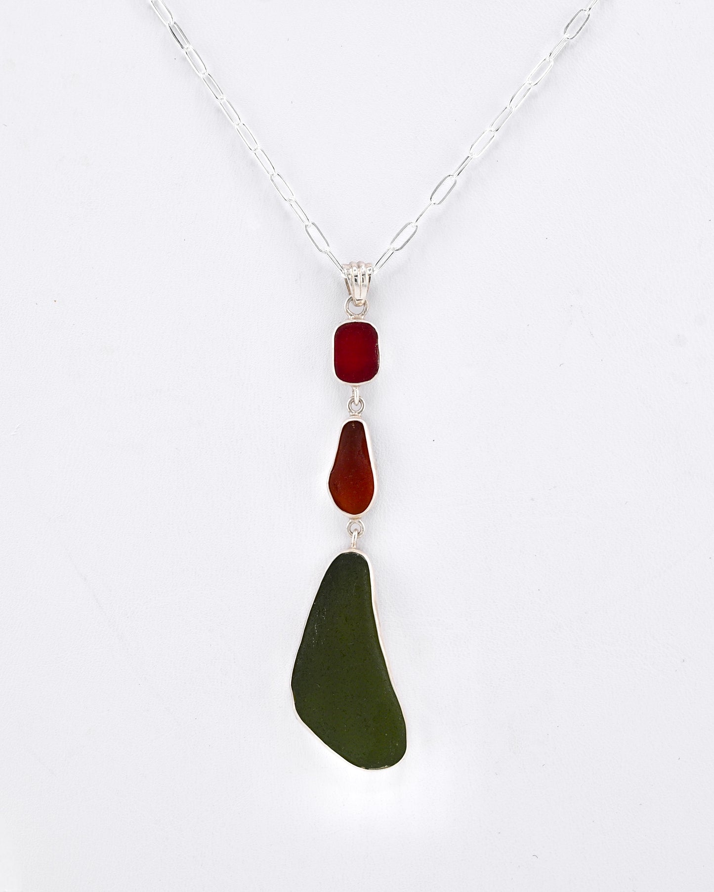 red, amber, green sea glass pendant