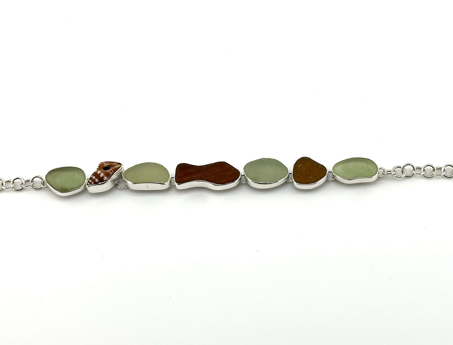 sea foam, amber, and brown sea glass fish and shell bracelet