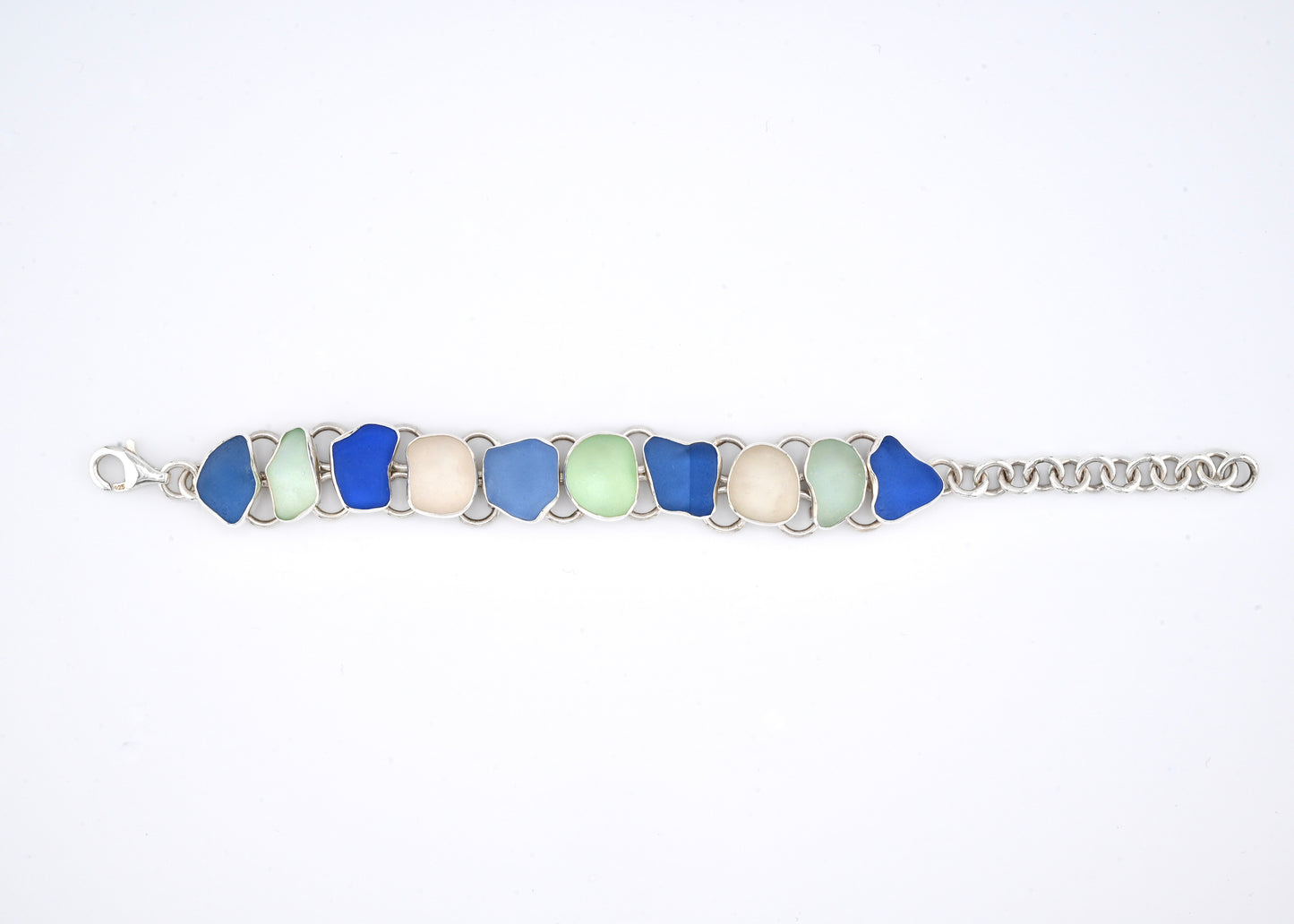 sea foam, cobalt and cornflower blue sea glass bracelet