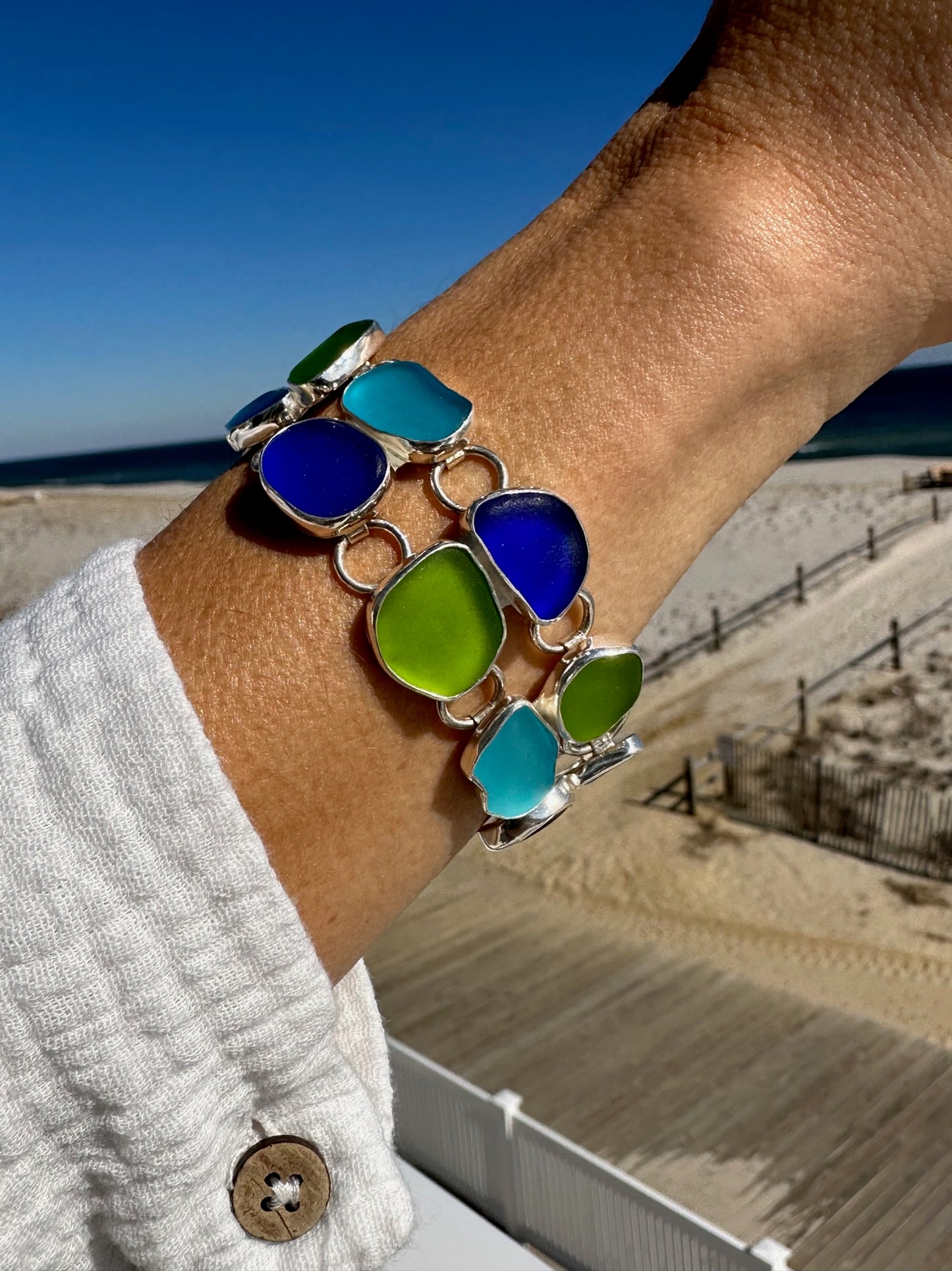 lime, cobalt, turquoise, and aqua double sea glass bracelet