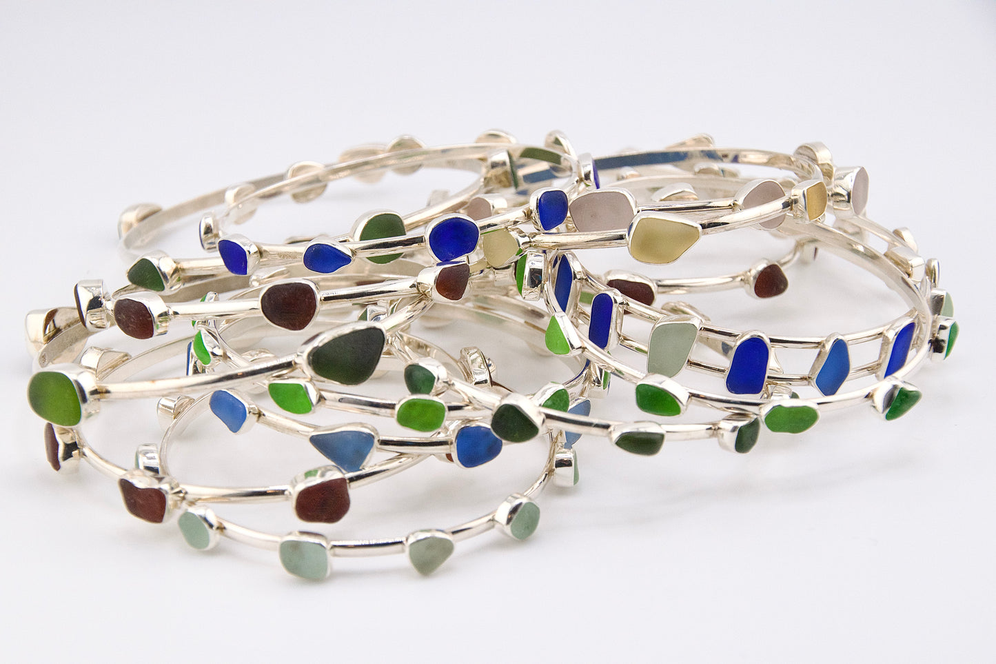 cobalt and cornflower blue, sea foam sea glass double bangle bracelet