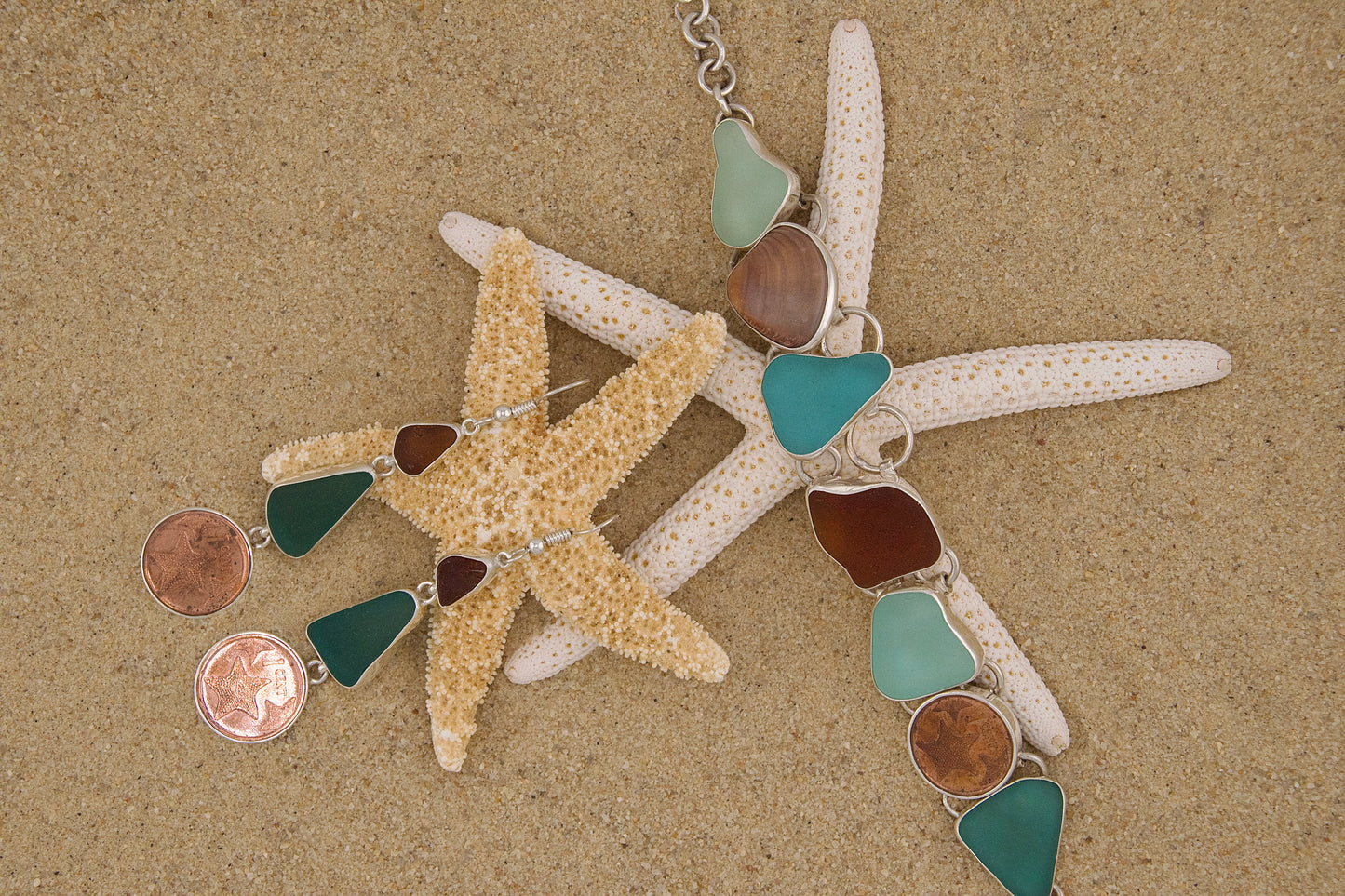 turquoise, brown, and sea foam sea glass shell bracelet