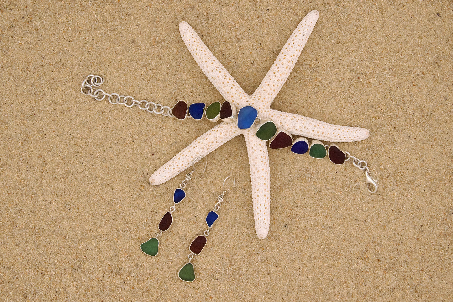 green, brown, and rare cobalt sea glass bracelet