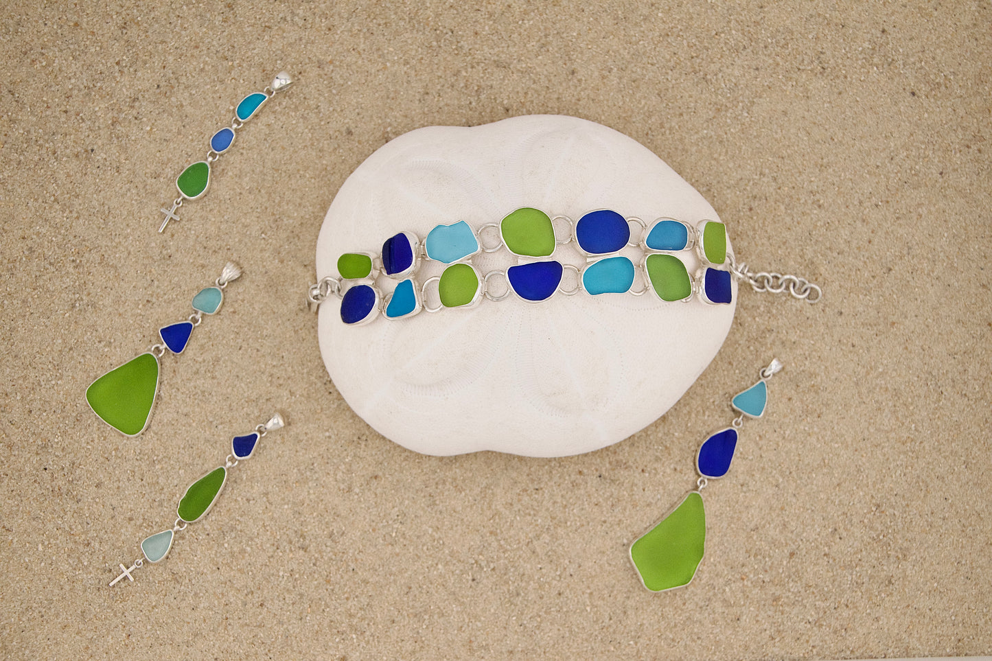lime, cobalt, turquoise, and aqua double sea glass bracelet