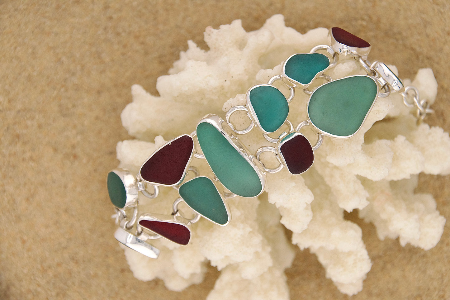 teal and red sea glass bracelet