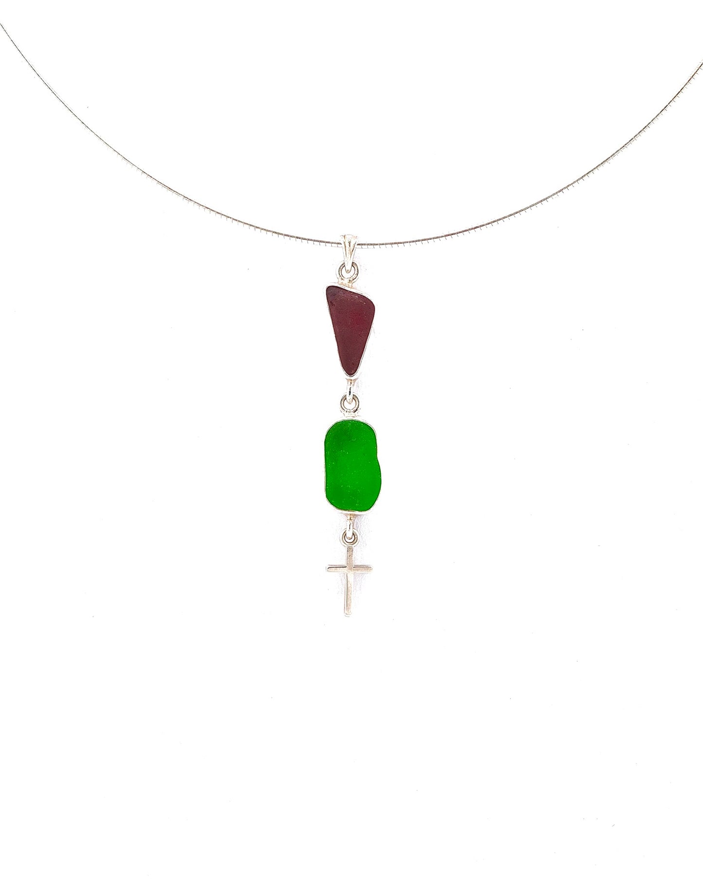 red and green sea glass cross pendant