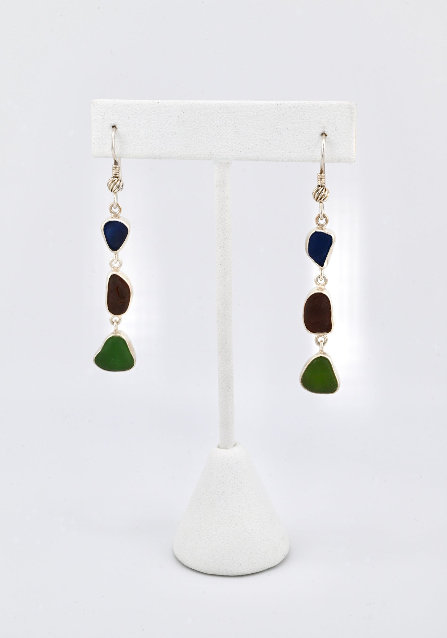 cobalt blue, brown, and forest green earrings