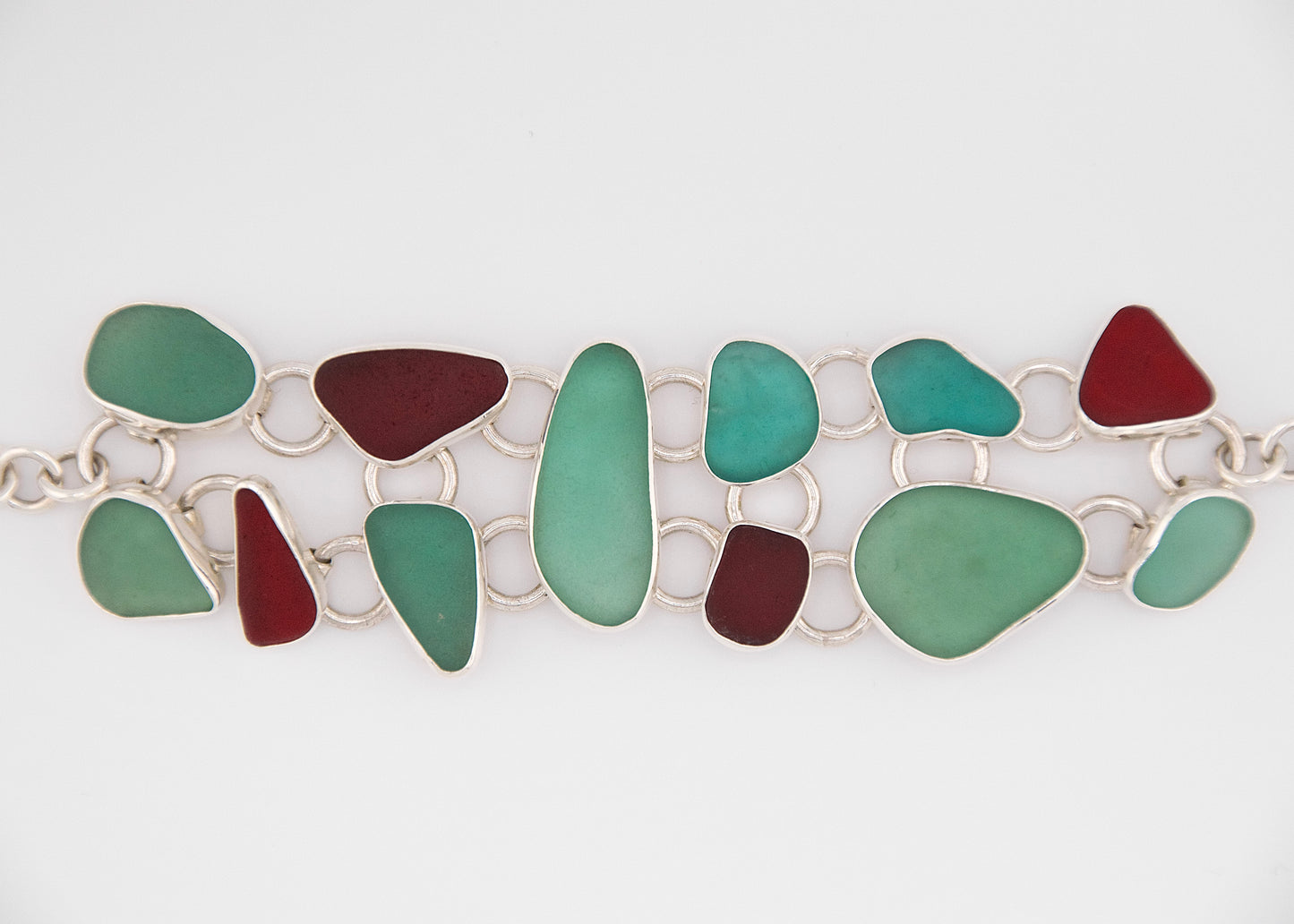 teal and red sea glass bracelet