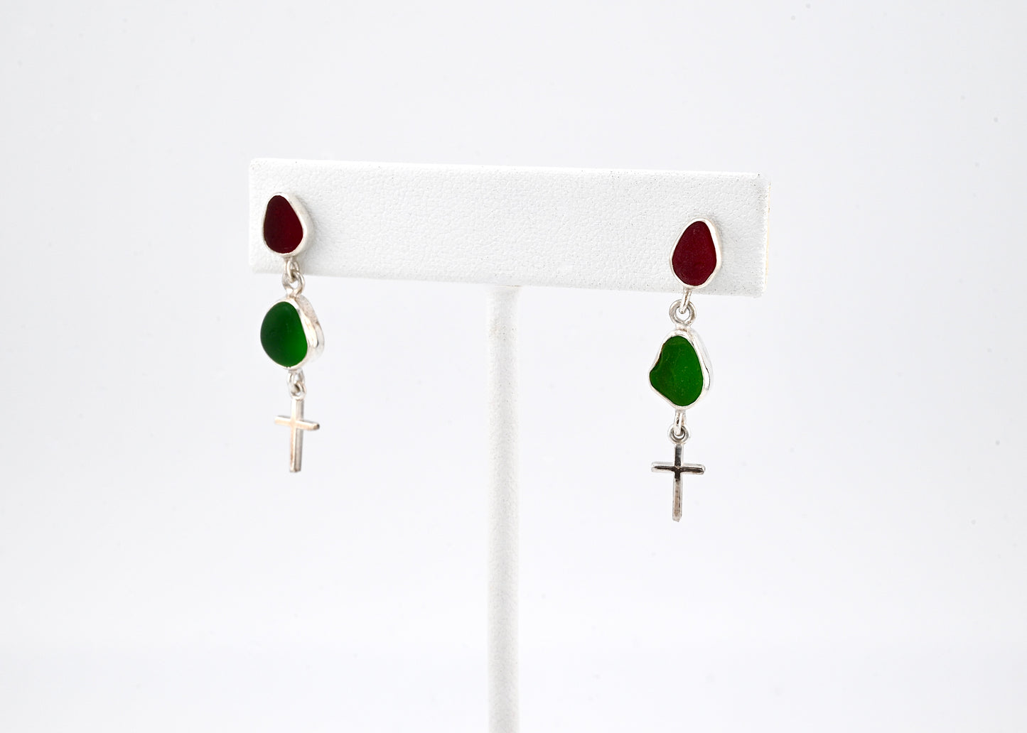 red and green sea glass earrings with a cross