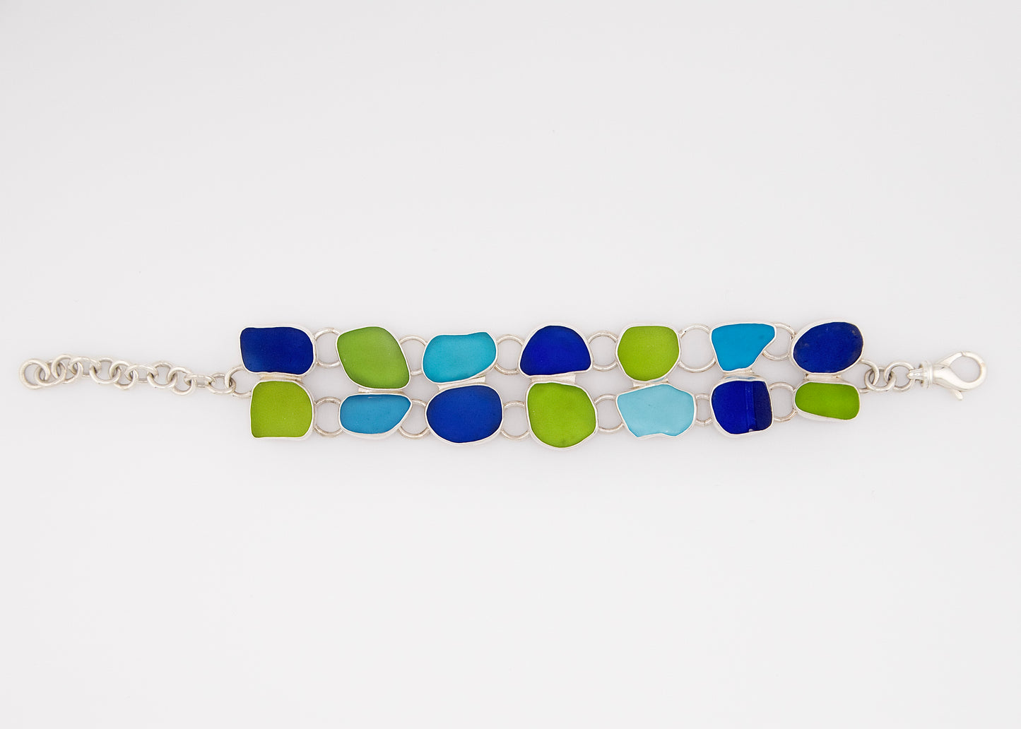lime, cobalt, turquoise, and aqua double sea glass bracelet