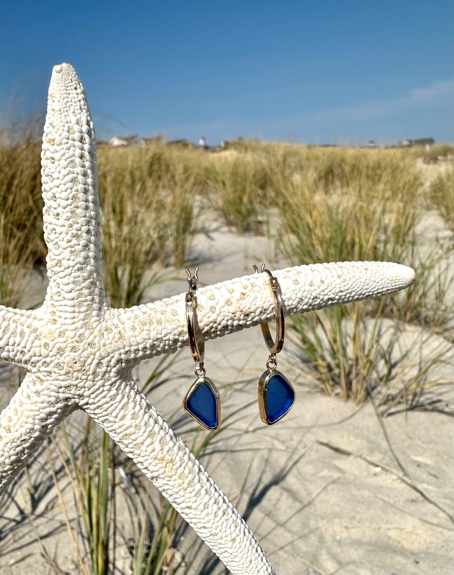 cobalt blue sea glass 14k gold hoop earrings