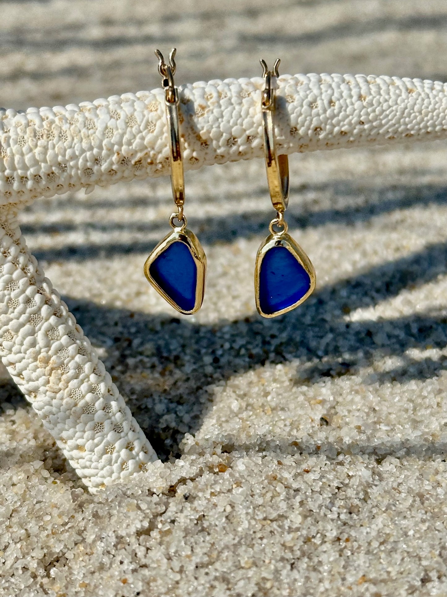 cobalt blue sea glass 14k gold hoop earrings