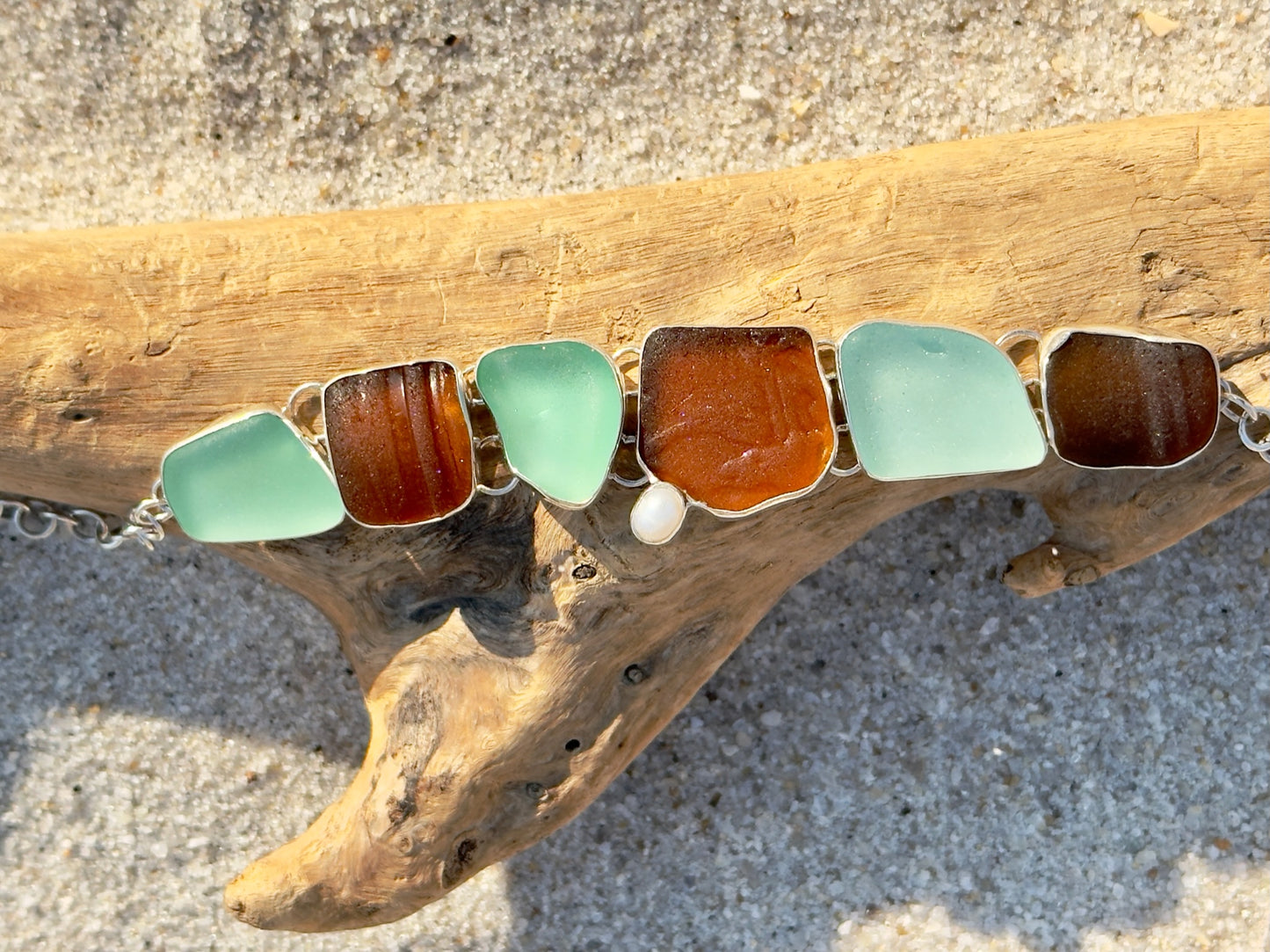 brown and sea foam bottleneck and pearl bracelet