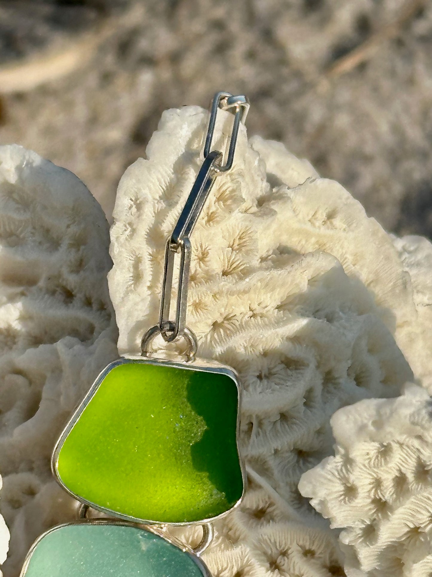 lime and aqua sea glass necklace with shell