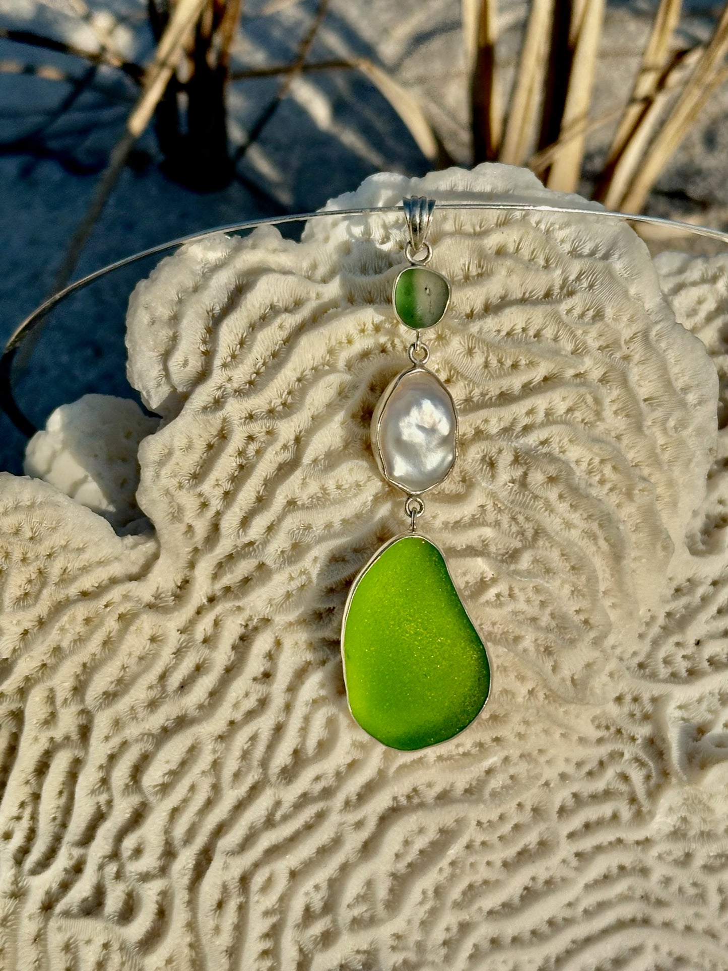 lime green and pearl sea glass pendant
