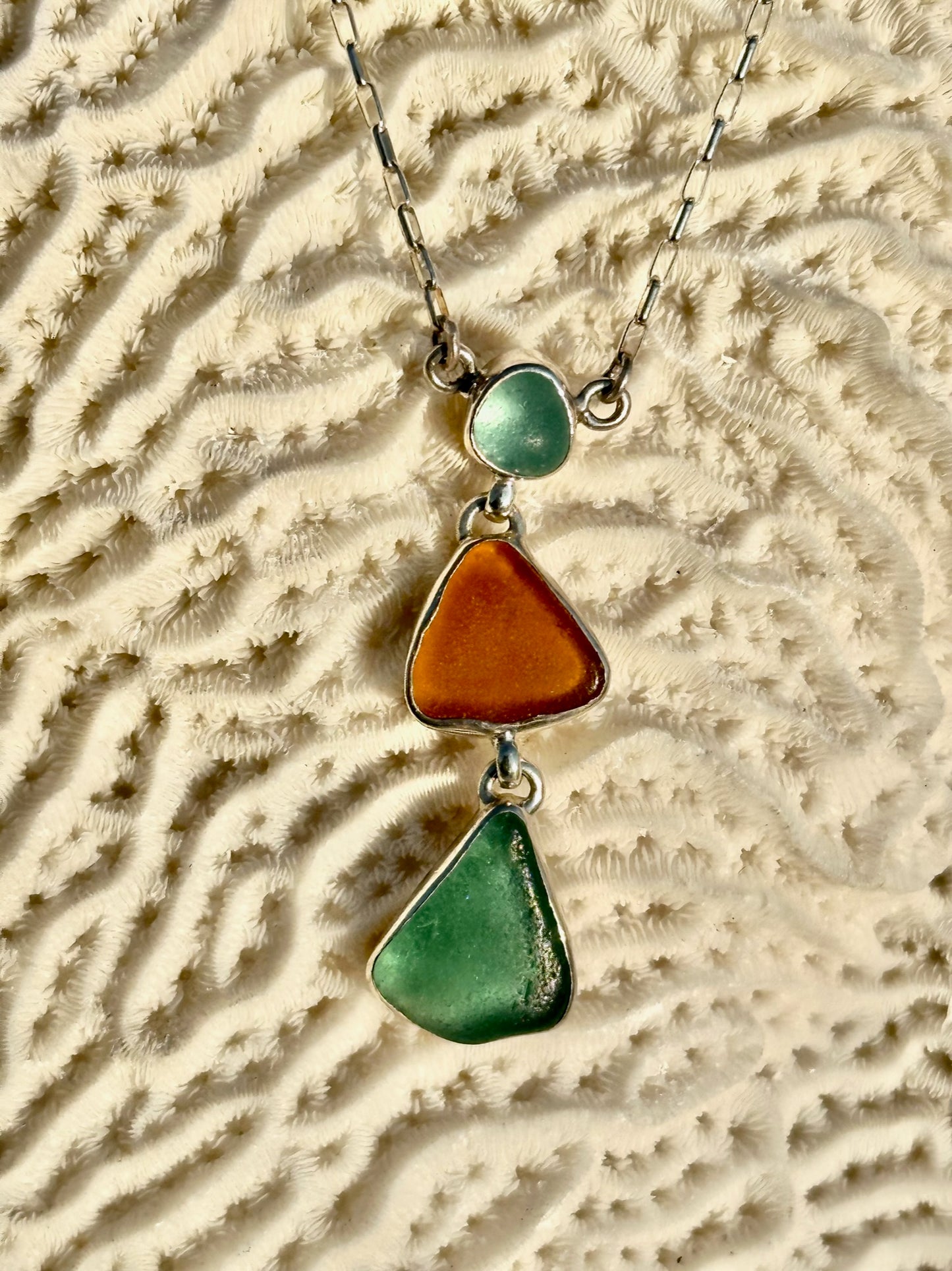 aqua, brown, and teal sea glass pendant necklace