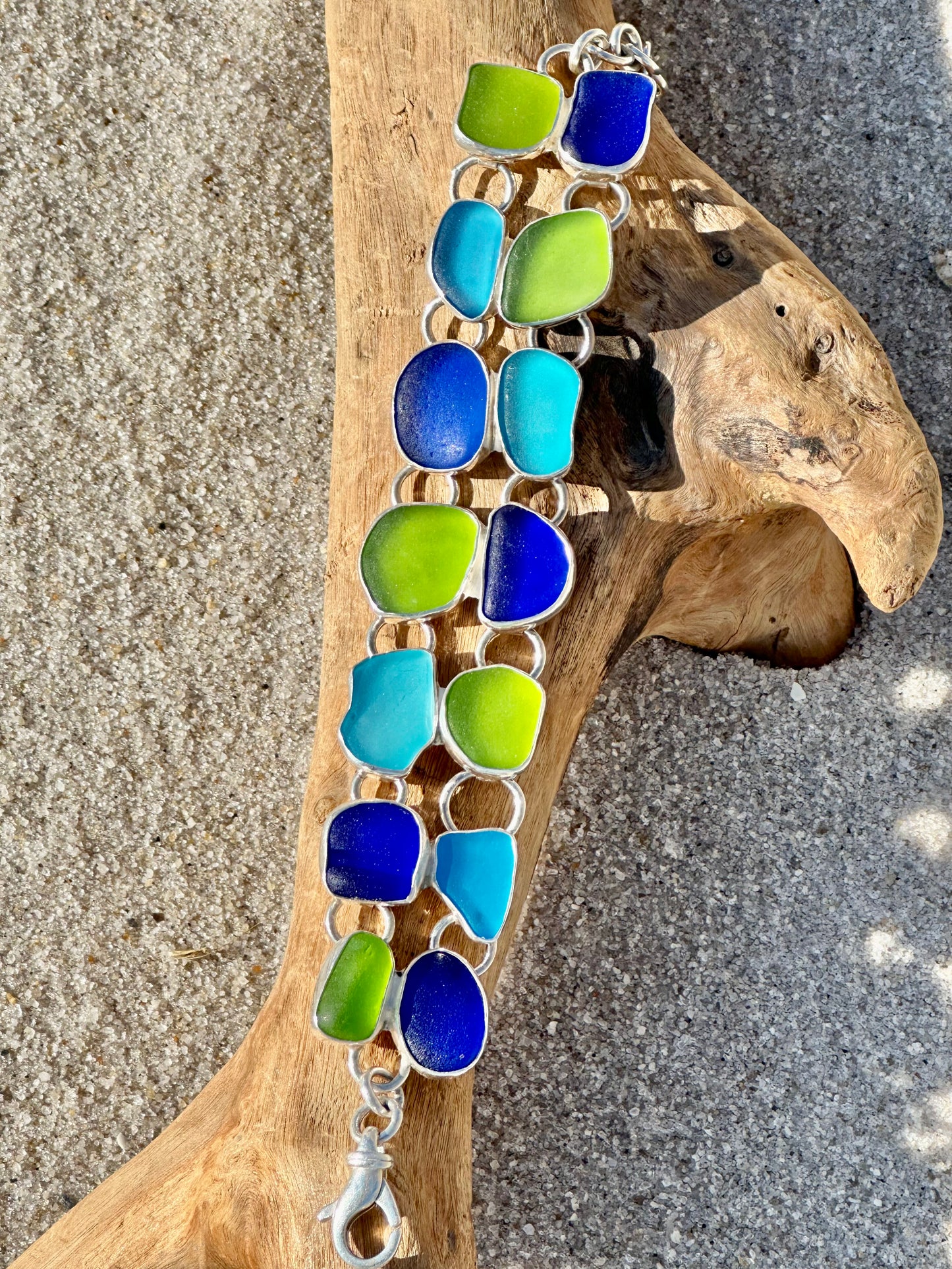 lime, cobalt, turquoise, and aqua double sea glass bracelet
