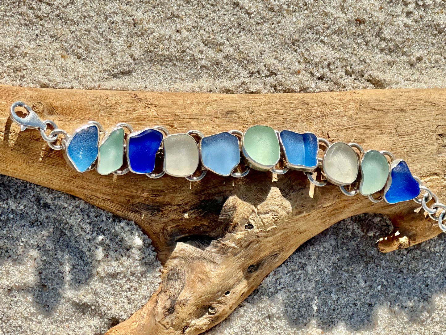 sea foam, cobalt and cornflower blue sea glass bracelet