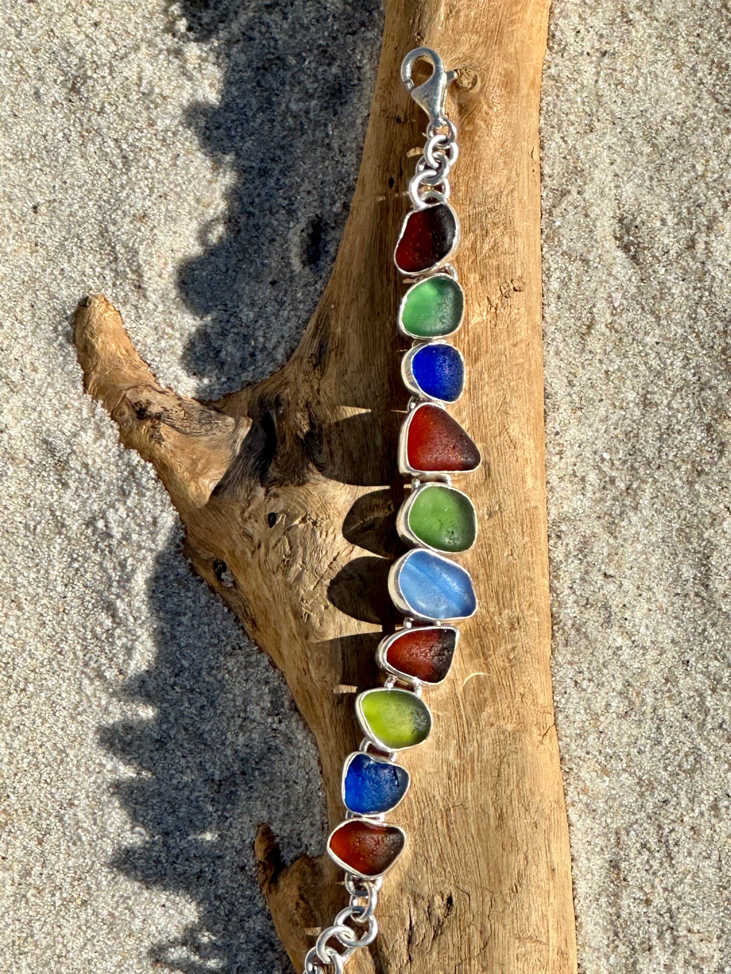 green, brown, and rare cobalt sea glass bracelet
