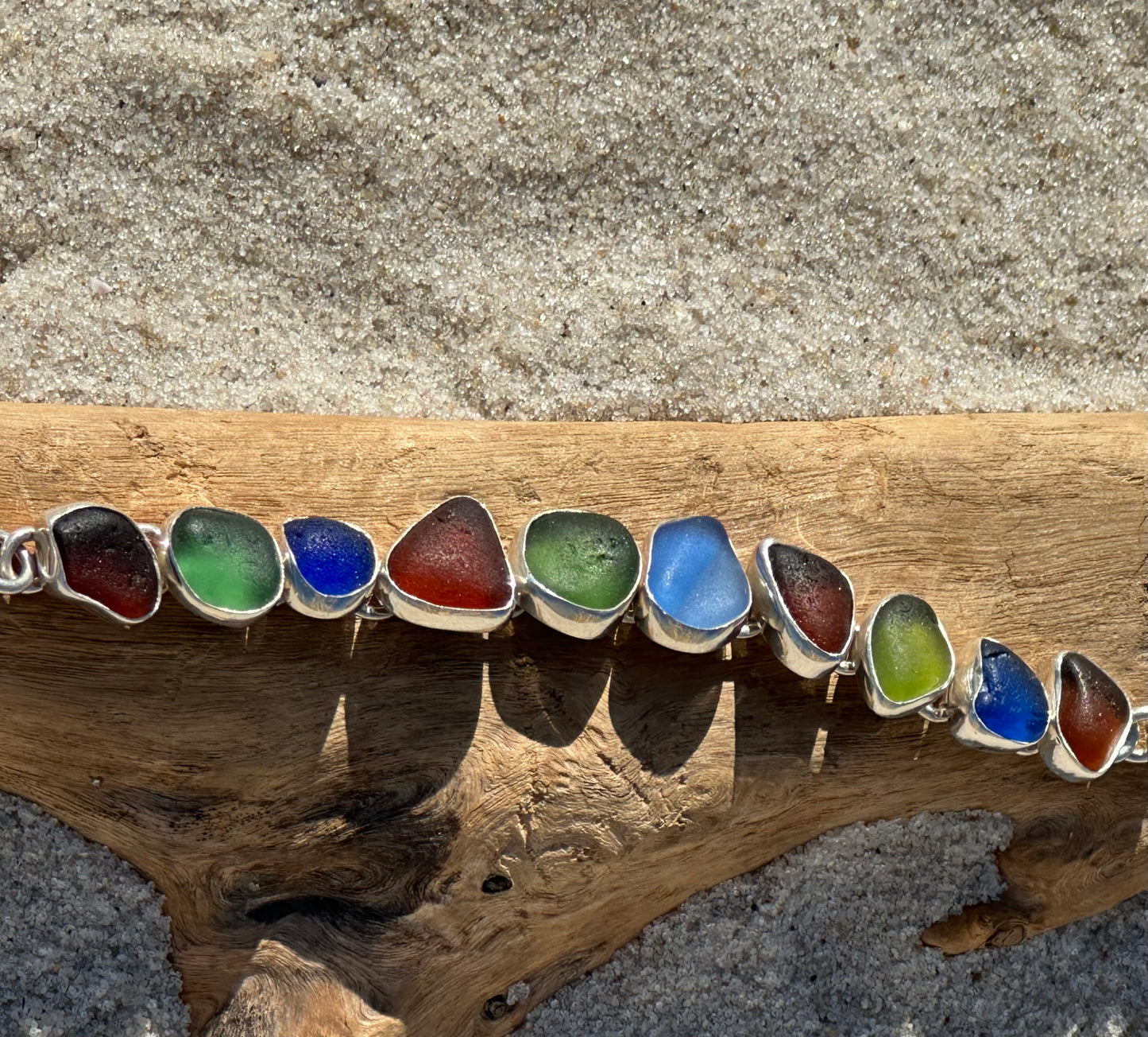 green, brown, and rare cobalt sea glass bracelet