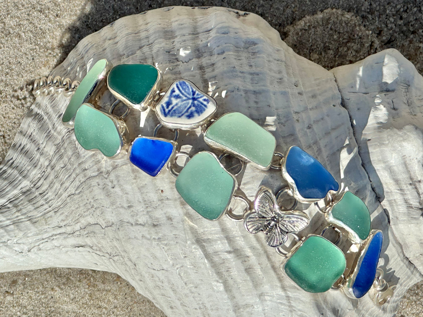 sea pottery and sea glass butterfly bracelet