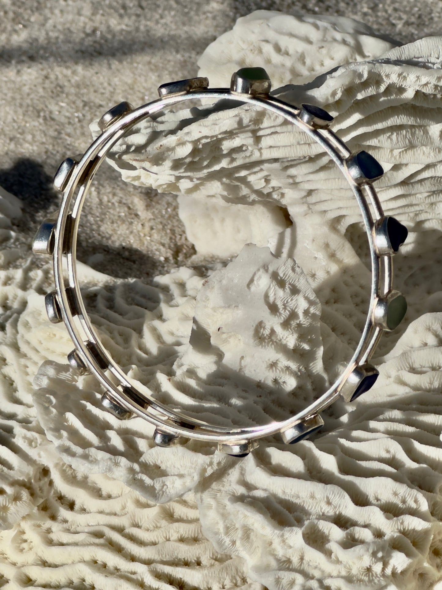 cobalt and cornflower blue, sea foam sea glass double bangle bracelet