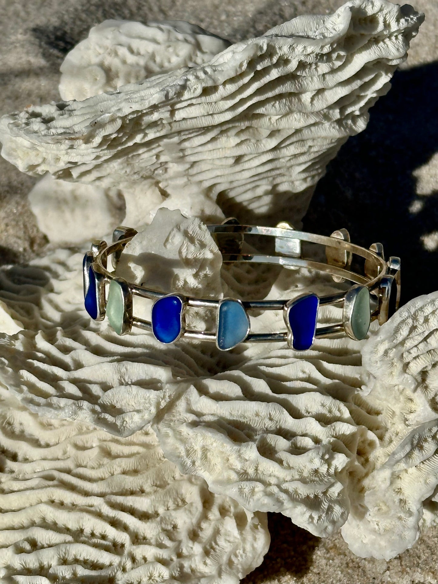 cobalt and cornflower blue, sea foam sea glass double bangle bracelet