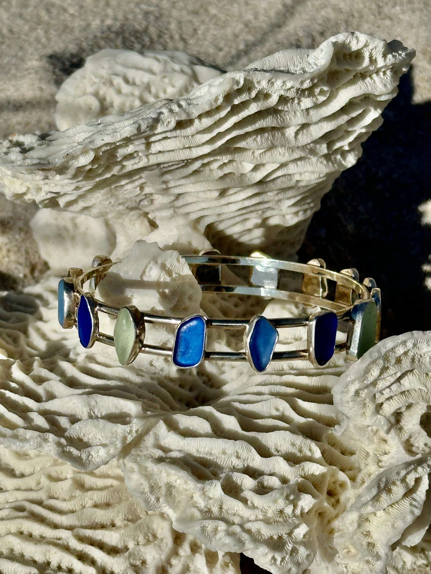 cobalt and cornflower blue, sea foam sea glass double bangle bracelet