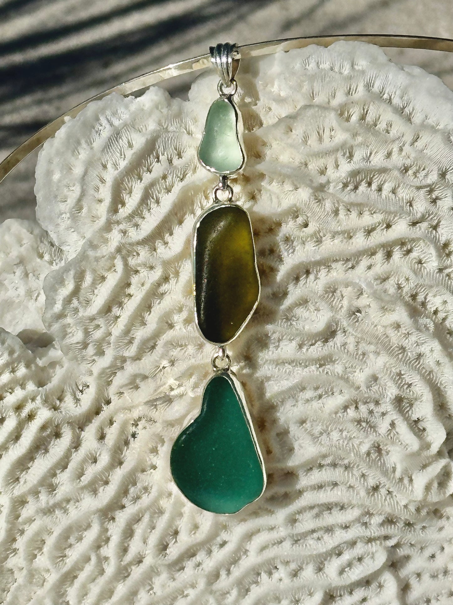 teal, olive green, and sea foam sea glass pendant