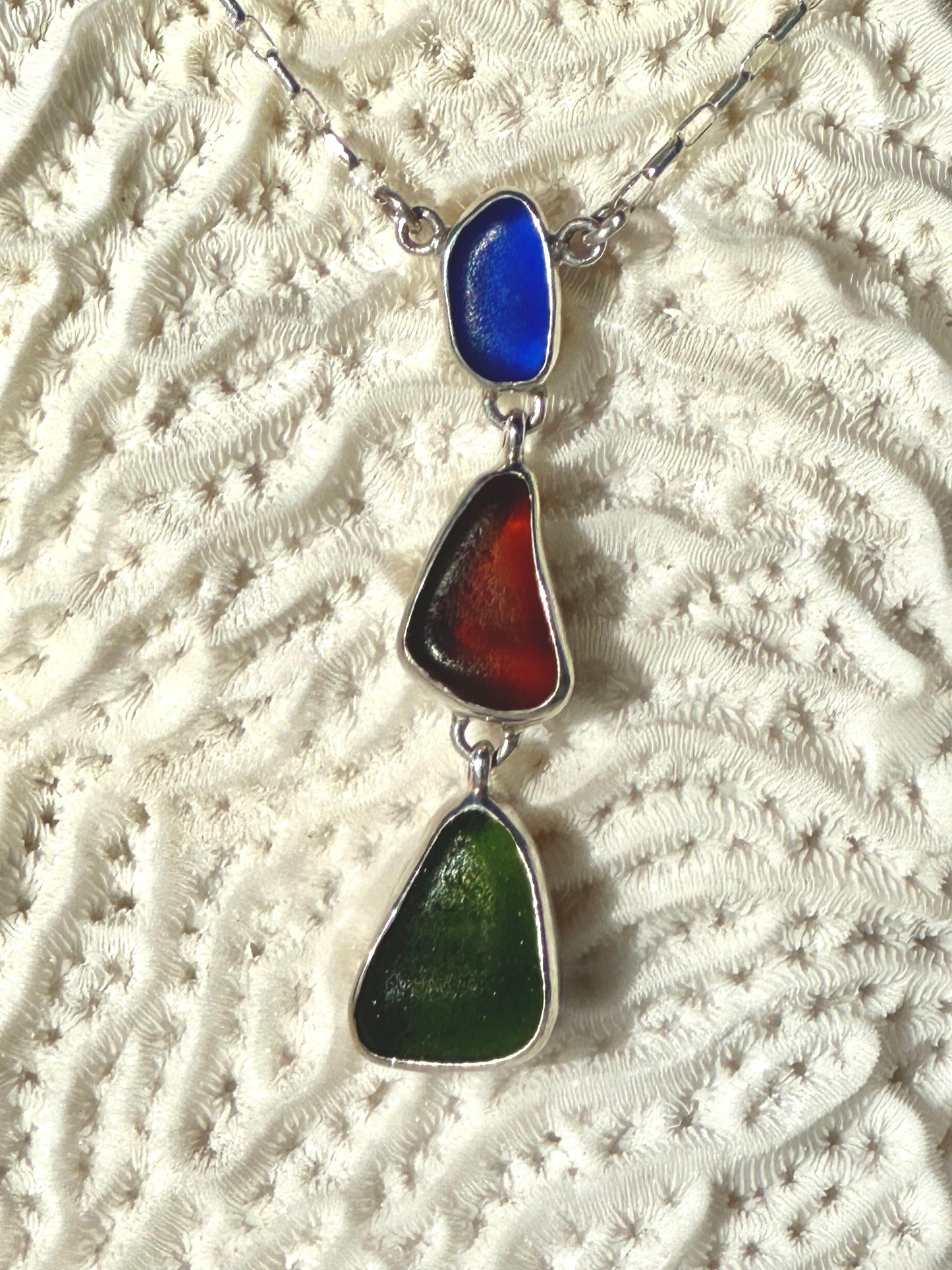 cobalt blue, brown, and green sea glass pendant necklace