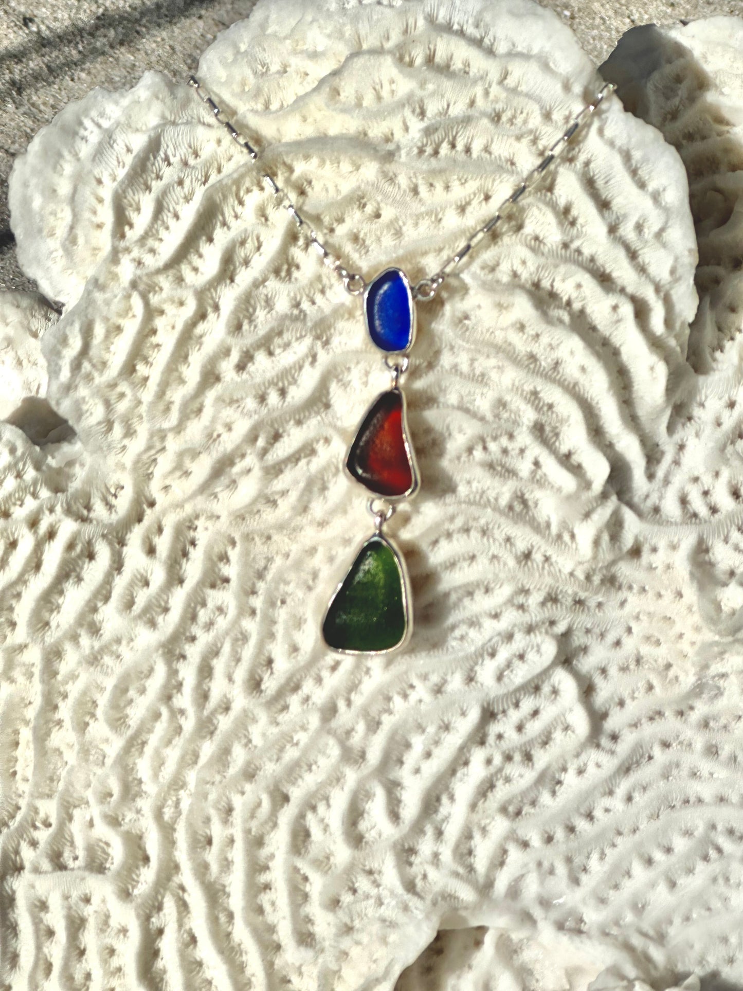 cobalt blue, brown, and green sea glass pendant necklace