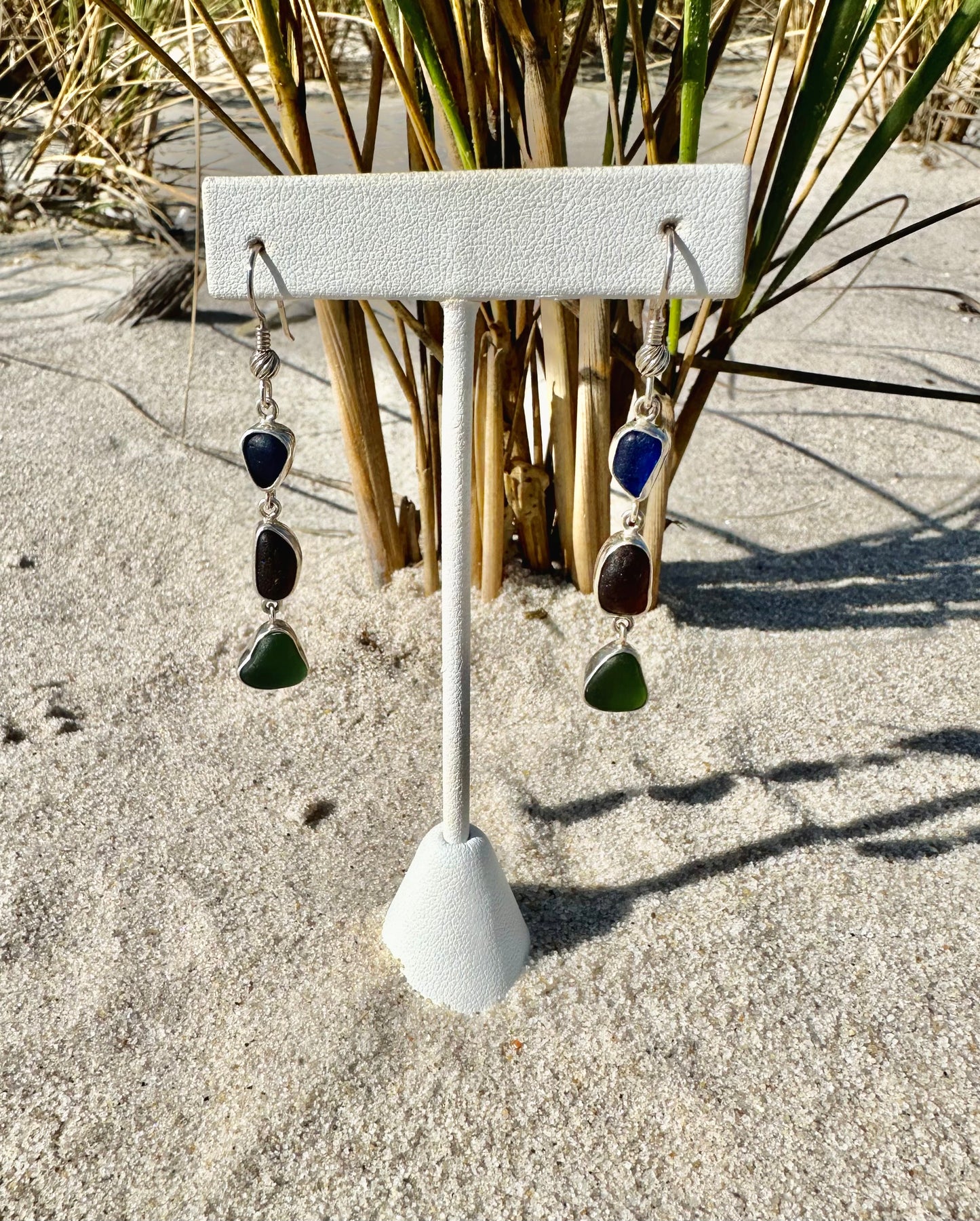 cobalt blue, brown, and forest green earrings