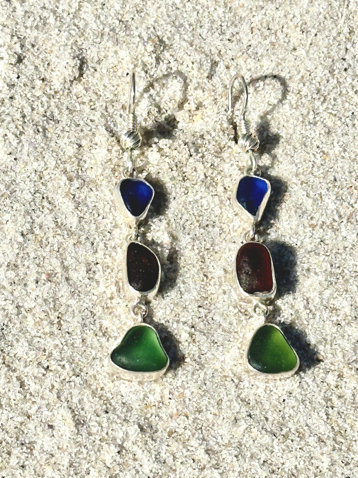 cobalt blue, brown, and forest green earrings