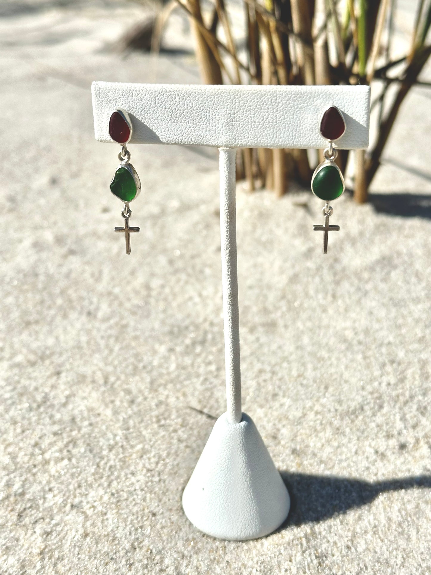 red and green sea glass earrings with a cross