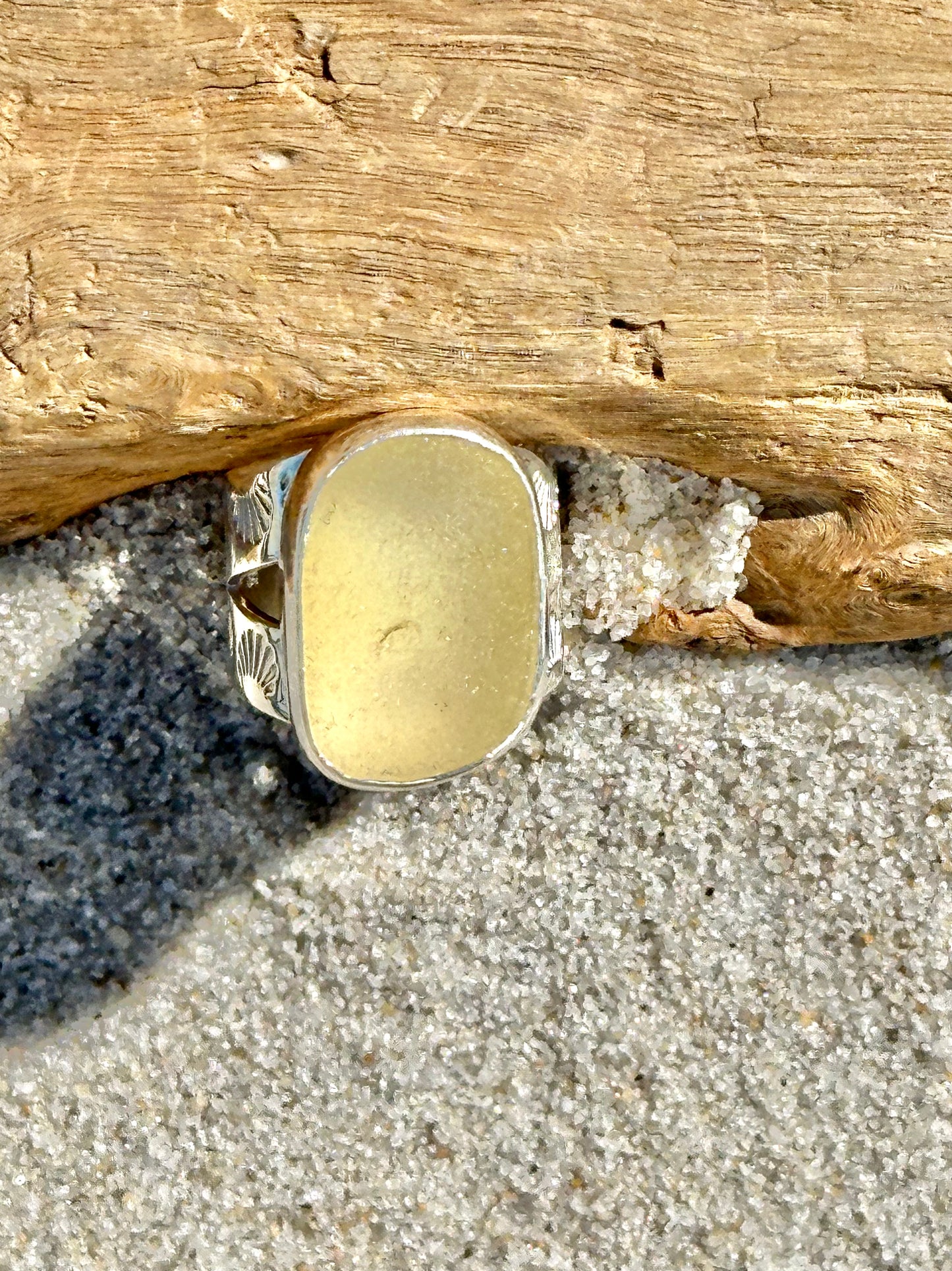 rectangle yellow sea glass ring