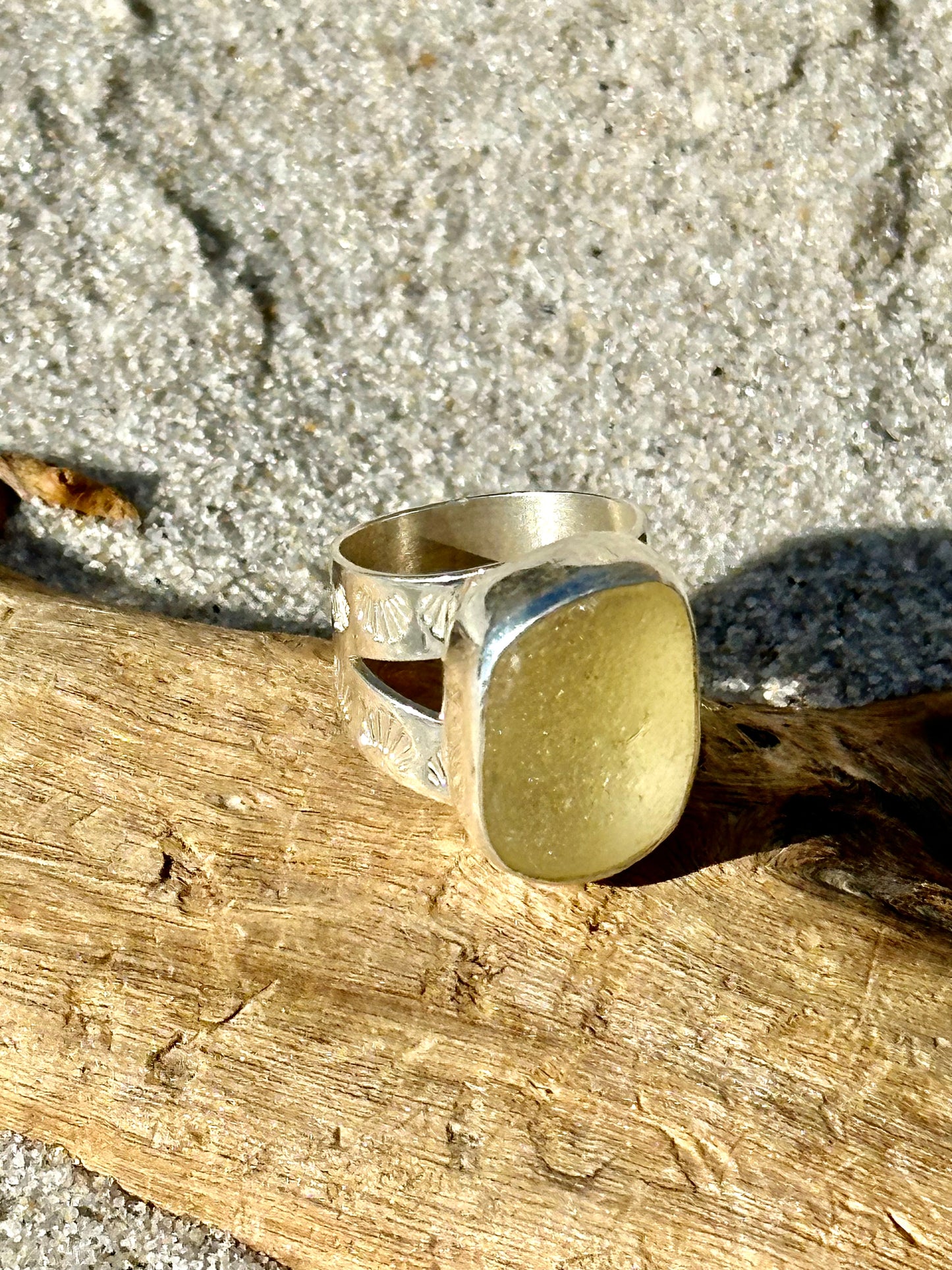 rectangle yellow sea glass ring