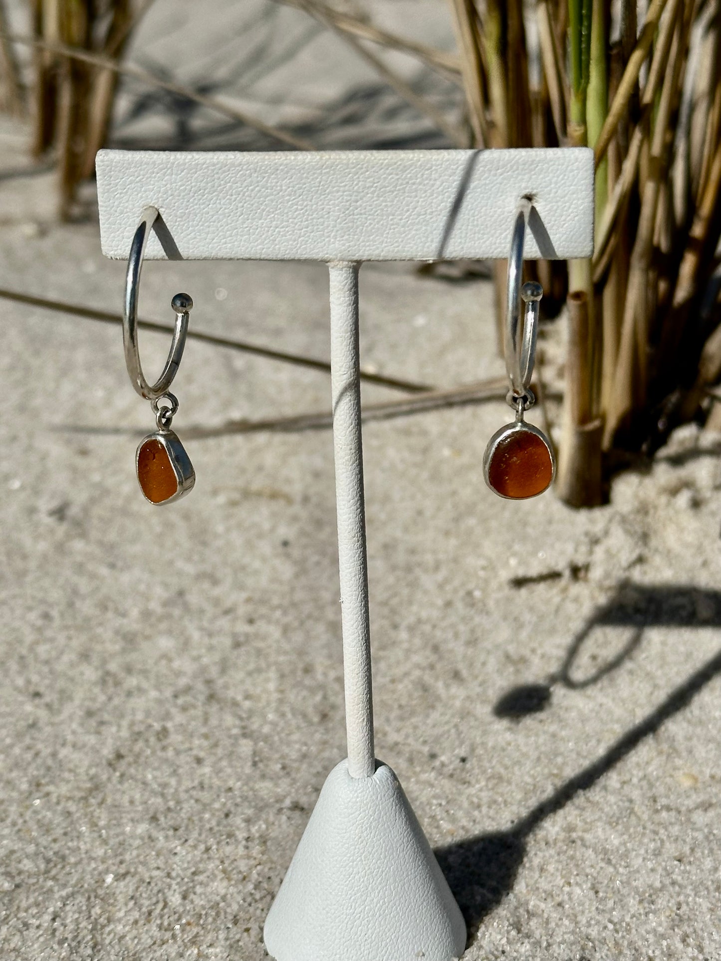 amber sea glass hoop earrings
