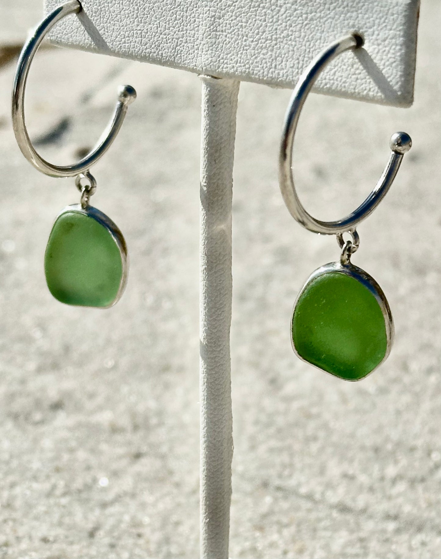 light green sea glass hoop earrings