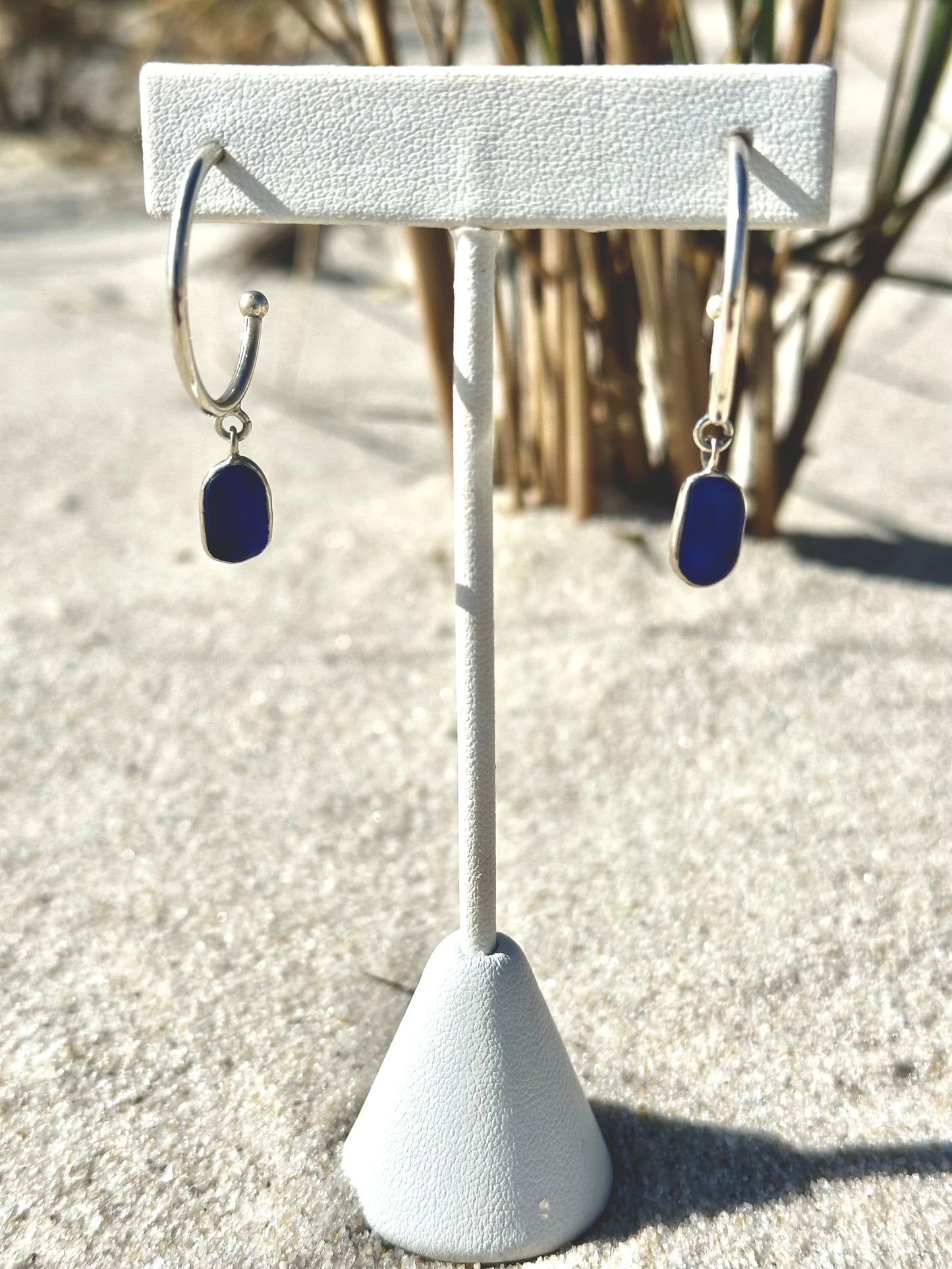 cobalt blue sea glass hoop earrings #1
