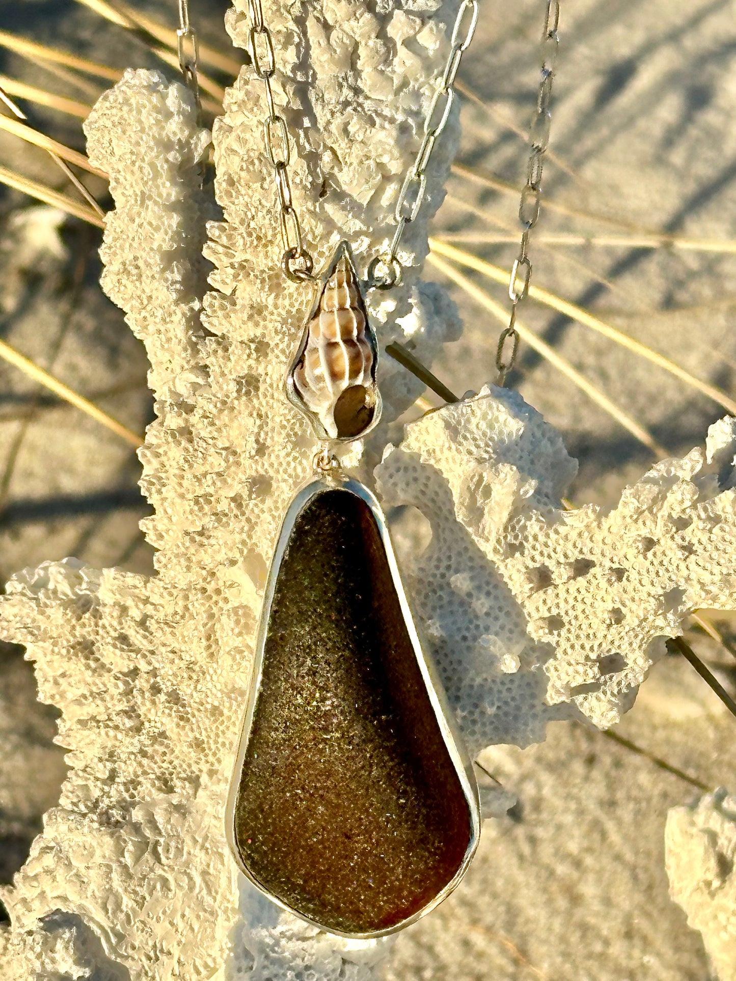 chunky sea glass and sea pottery pendant necklaces (5 choices) with 20" paperclip chain